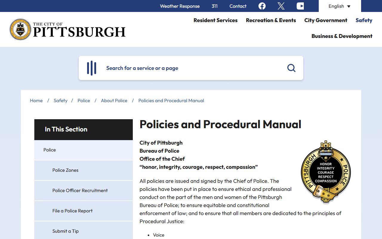 Pittsburgh Bureau of Police procedural manual and Allegheny County warrant records