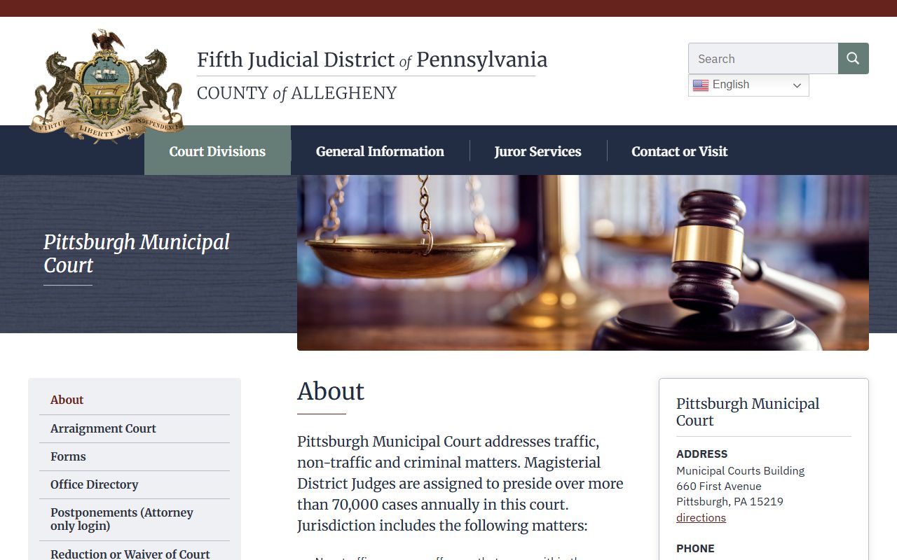 Pittsburgh Municipal Court arraignment office and Allegheny County warrant records