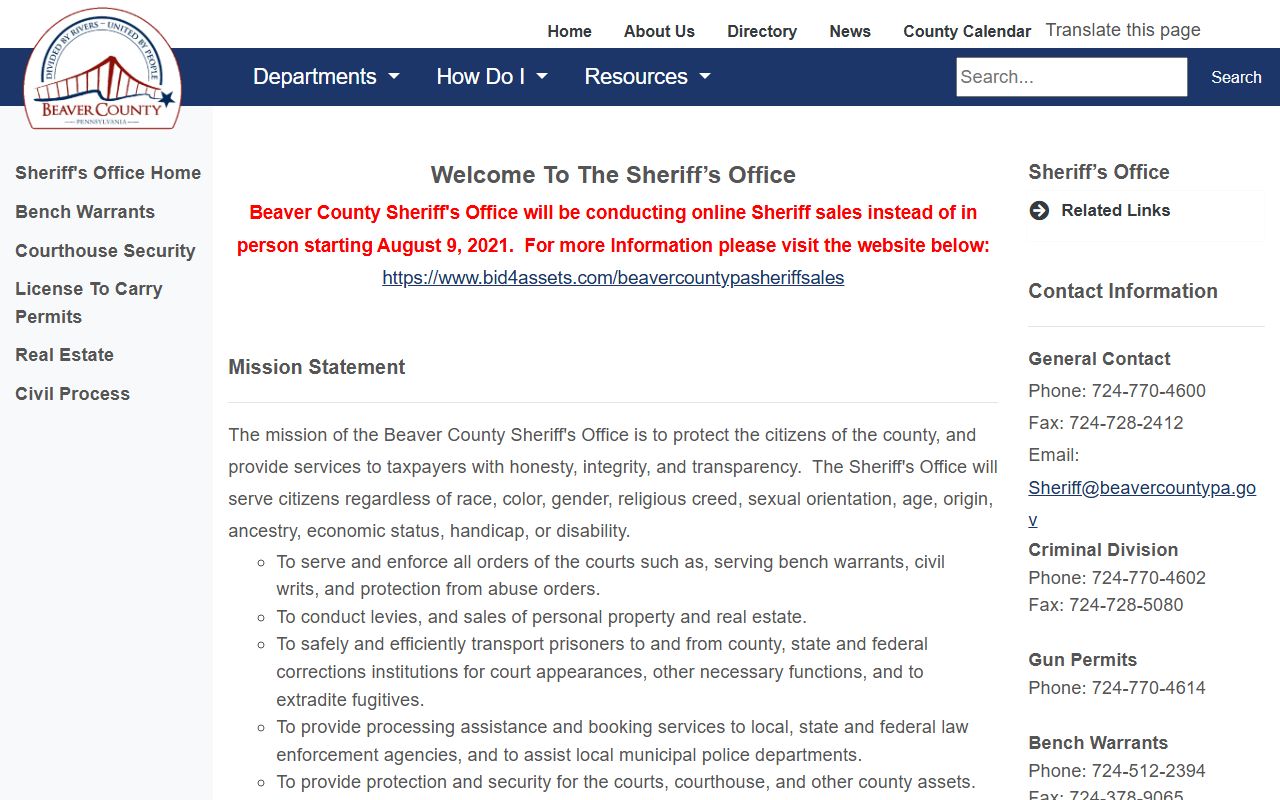 Beaver County warrant records Sheriff's bench warrants unit page