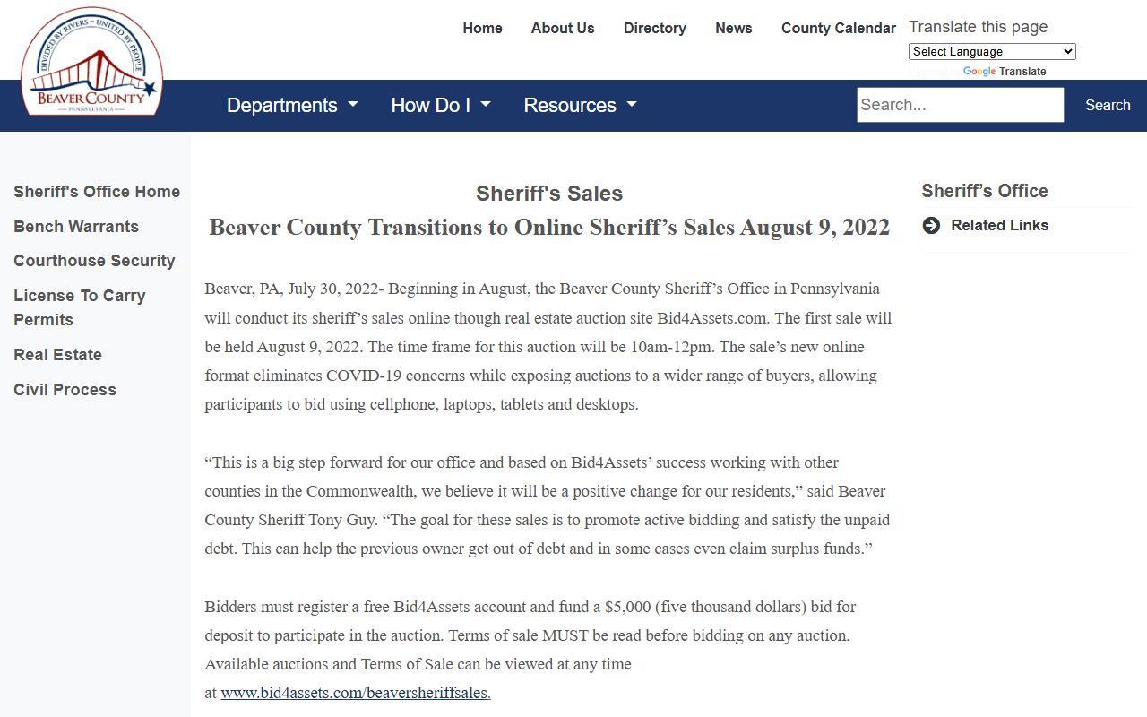 Beaver County warrant records Sheriff's sales information page