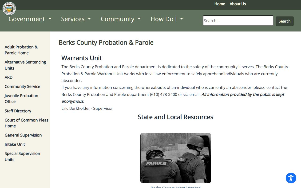Berks County Sheriff warrants unit and Adult Probation Office for Reading warrant records