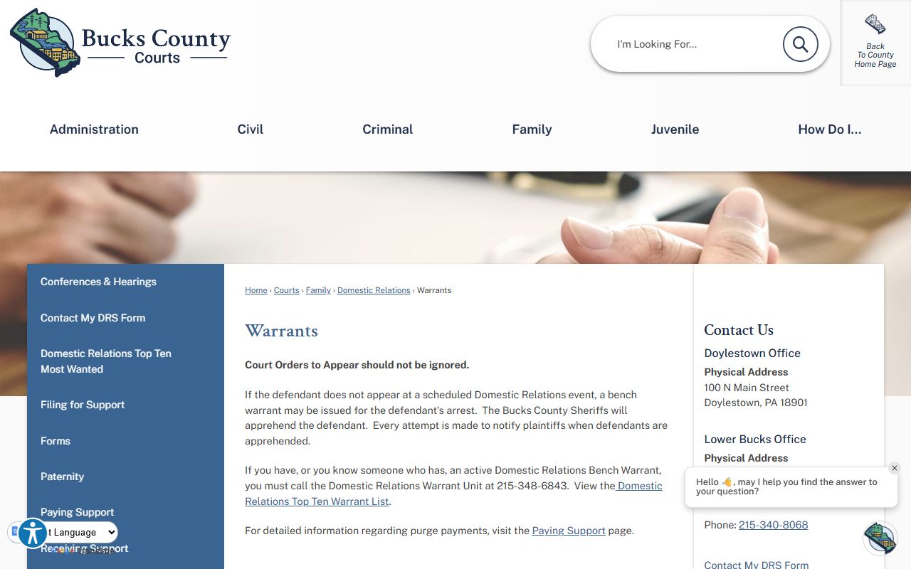 Bucks County Sheriff's Office warrants page for Bucks County warrant records