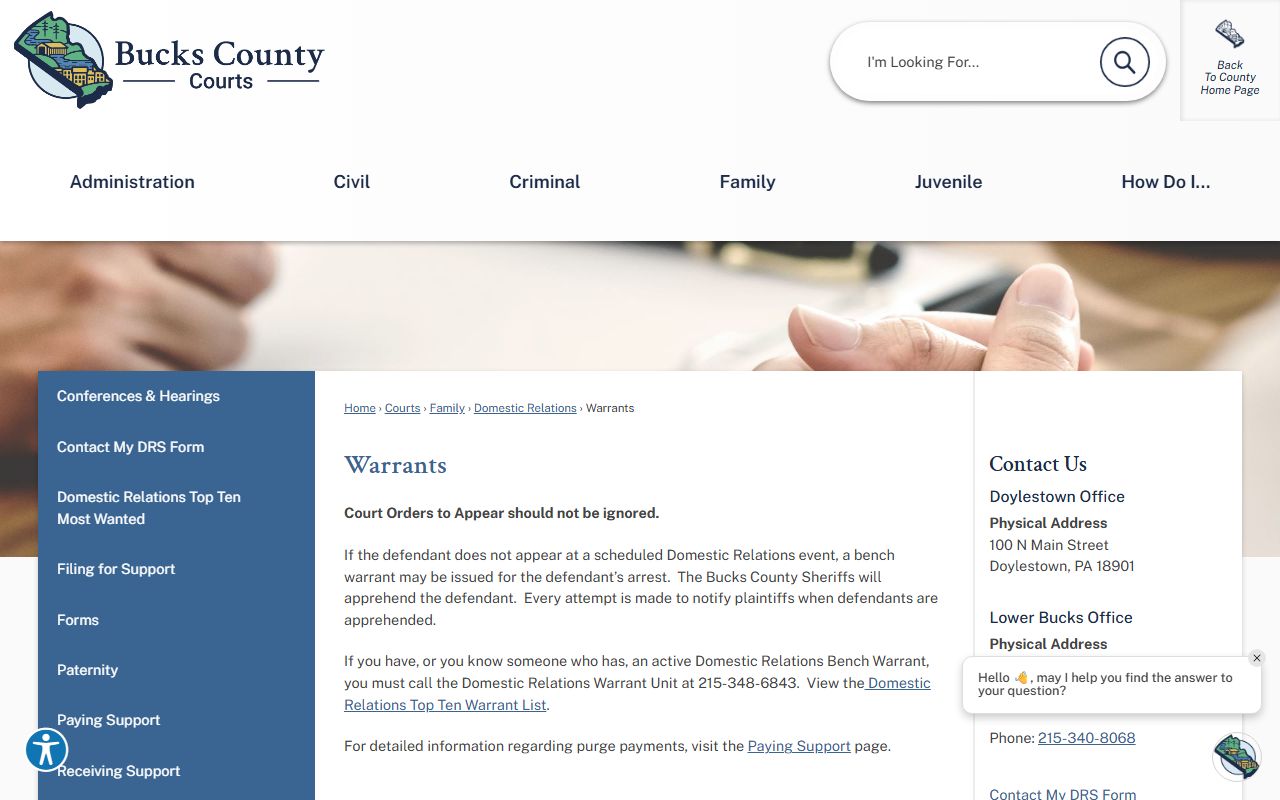 Bucks County Sheriff research resource for Bucks County warrant records