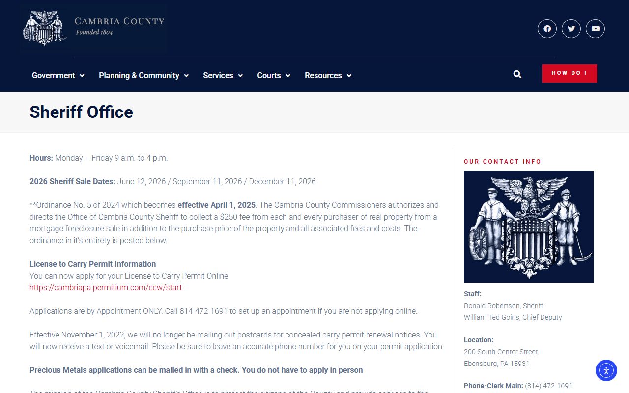 Cambria County Sheriff's Office page for Cambria County warrant records