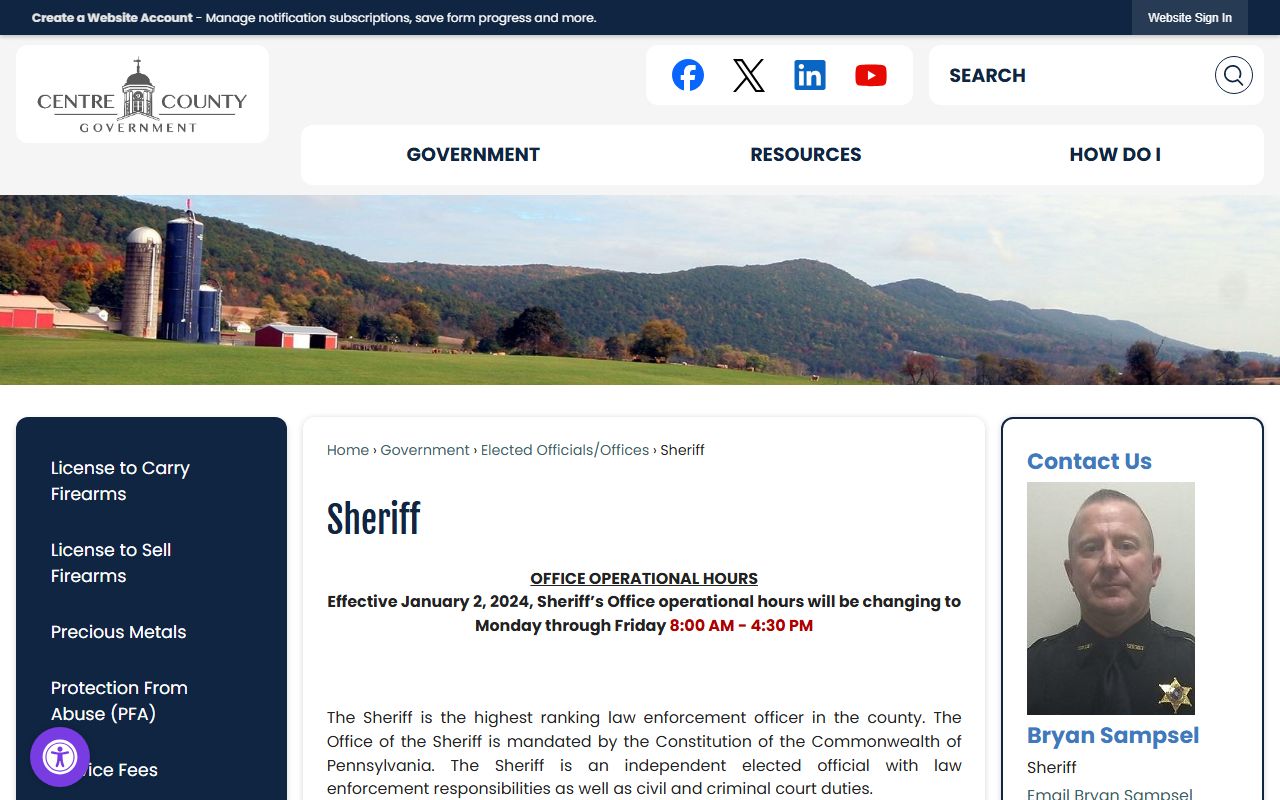 Centre County Sheriff's Office page for Centre County warrant records