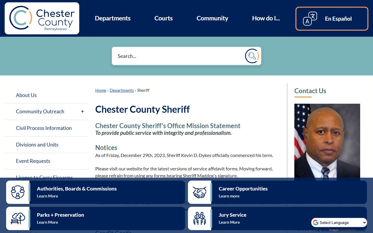 Chester County Sheriff research resource for warrant records