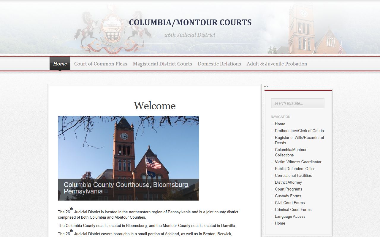 26th Judicial District website covering Columbia County warrant records and court proceedings