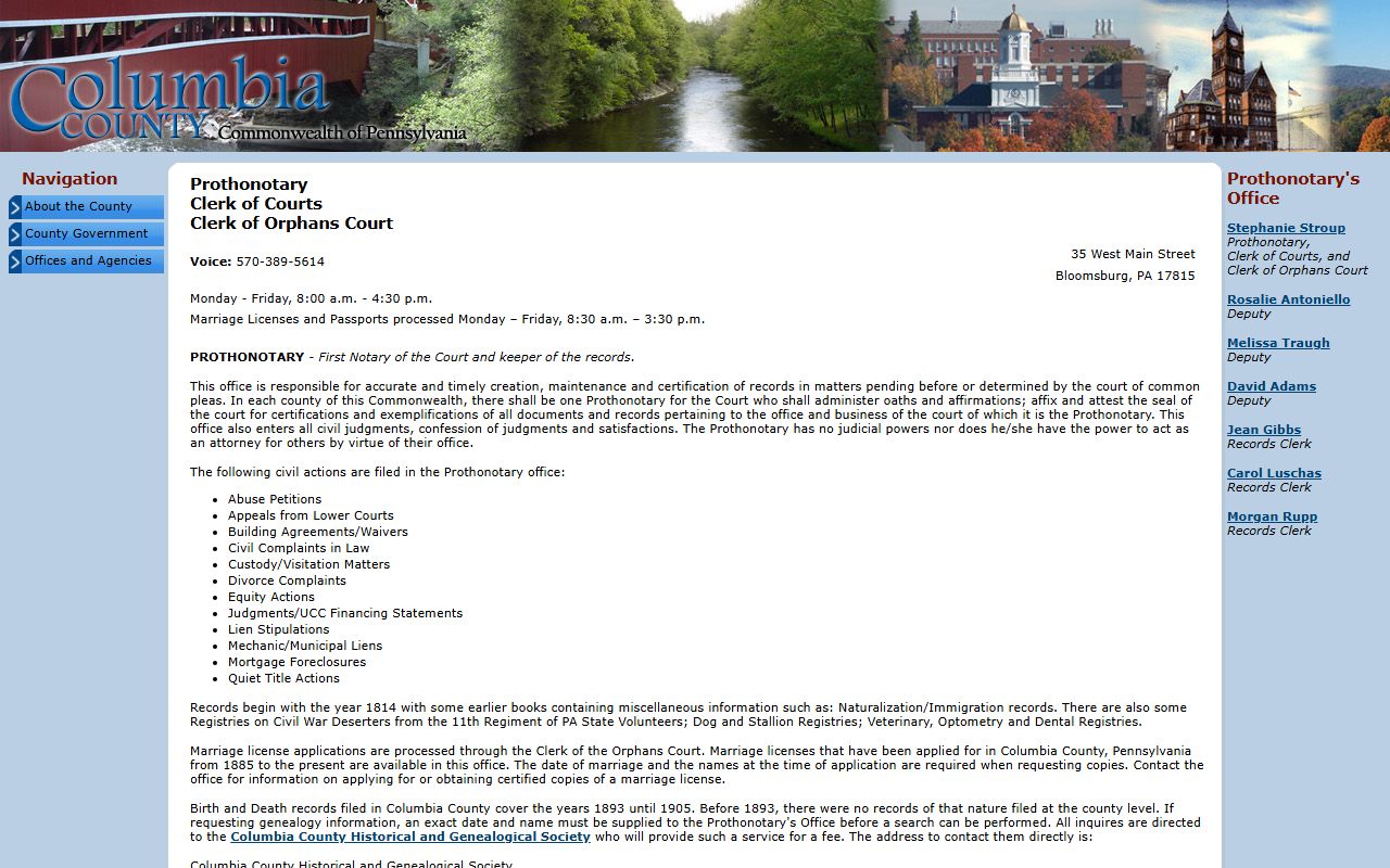 Columbia County Prothonotary office page for court records and warrant information in Columbia County