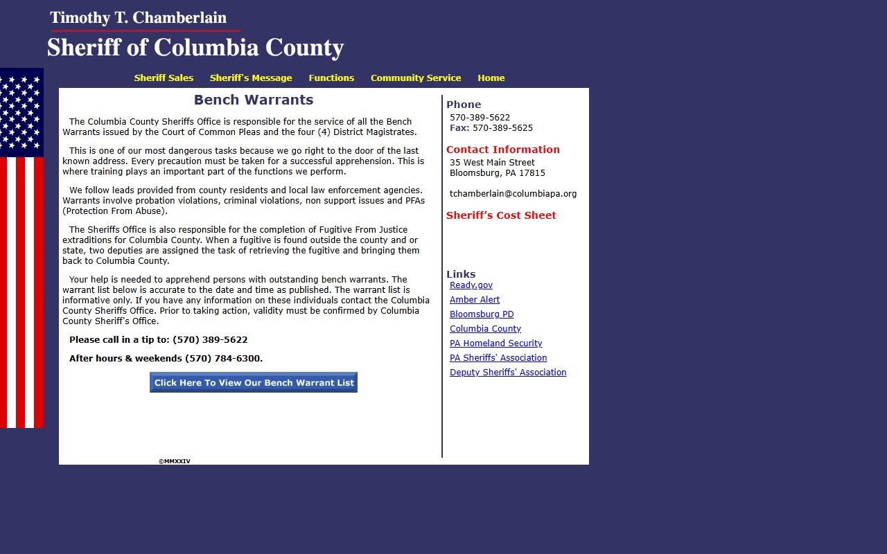 Columbia County Sheriff's Office website showing bench warrant records in Columbia County