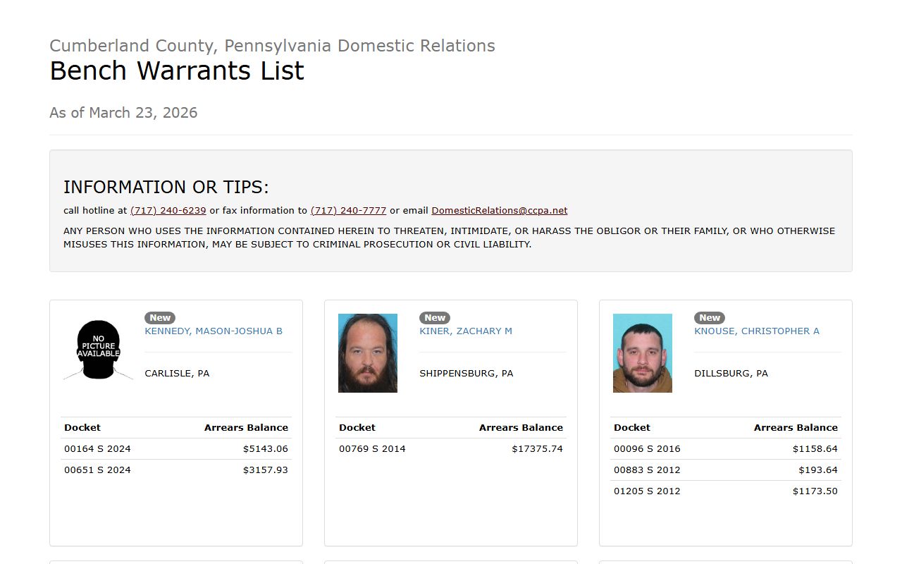 Cumberland County Domestic Relations warrant database for searching bench warrants in Cumberland County