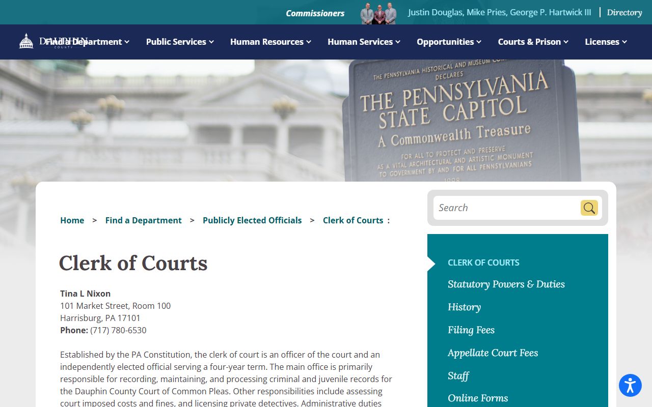 Dauphin County Clerk of Courts office page for criminal warrant records and case information