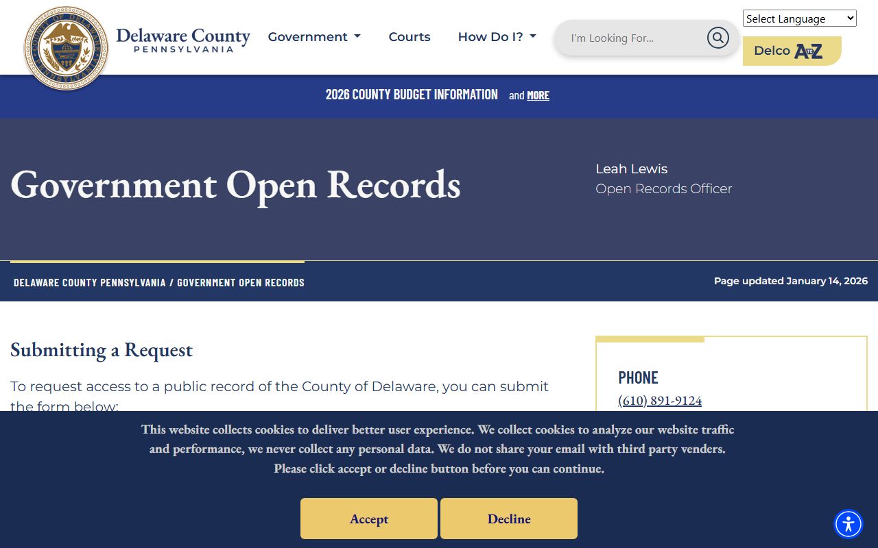 Delaware County open records office page for submitting Right-to-Know requests for warrant records