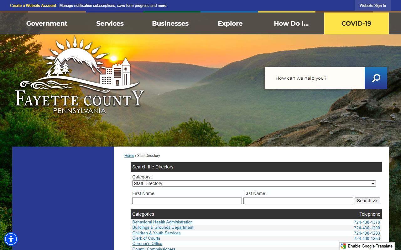 Fayette County government directory for court offices and warrant records