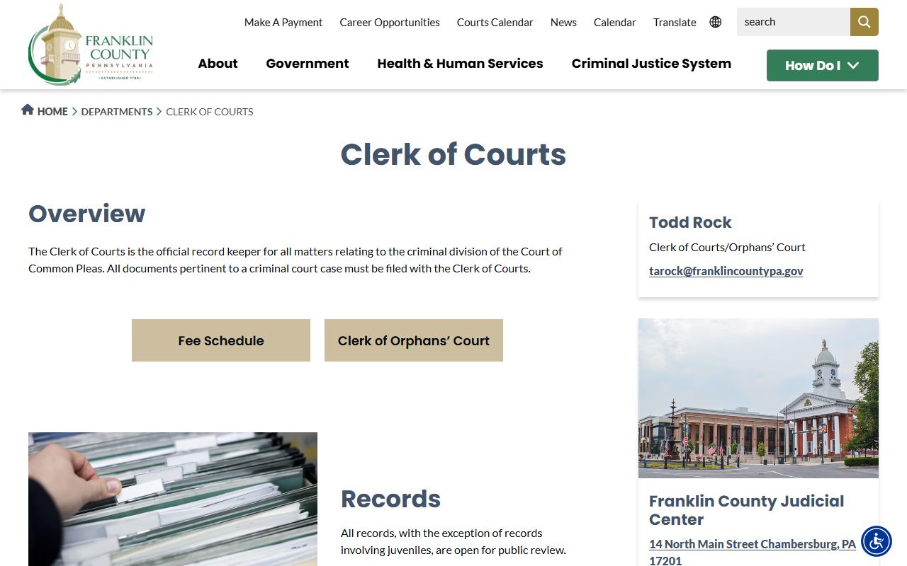 Franklin County Clerk of Courts website for criminal records and warrants