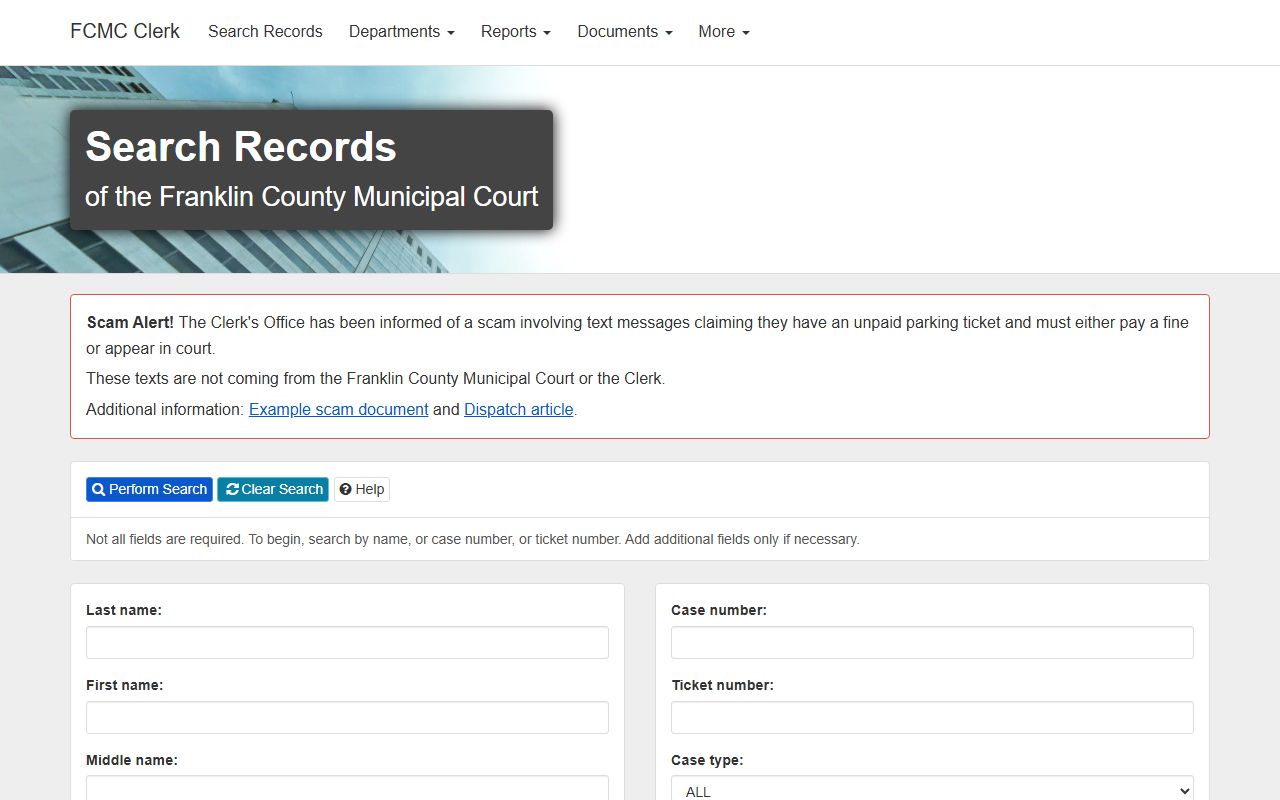 Franklin County Municipal Court case search for warrant records