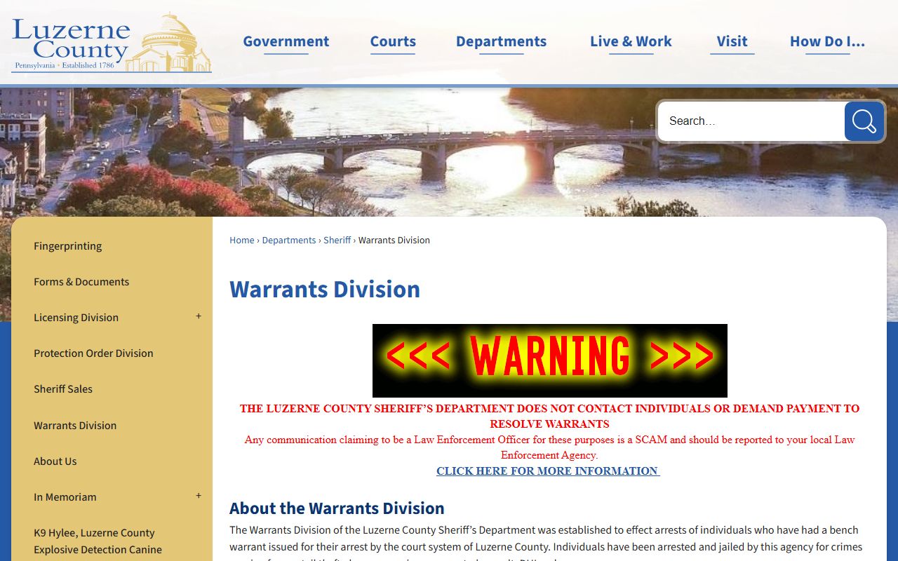 Luzerne County Warrants Division website for warrant records