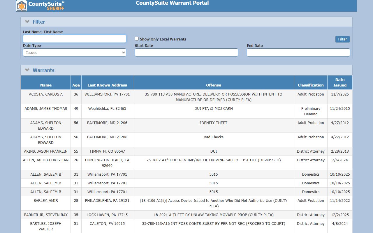 Lycoming County Sheriff's Office resource page for warrant records