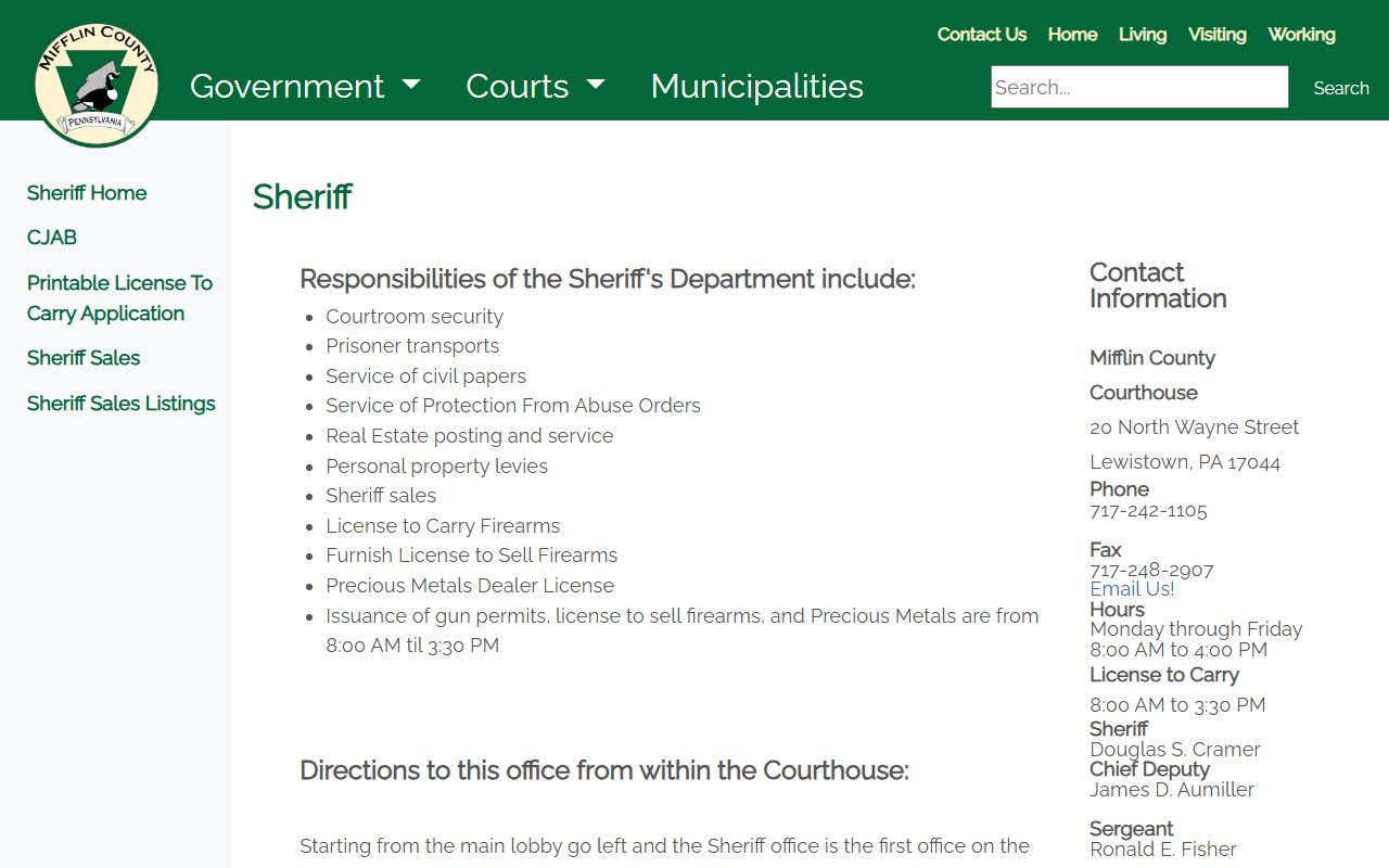 Mifflin County Sheriff's Office website for warrant records