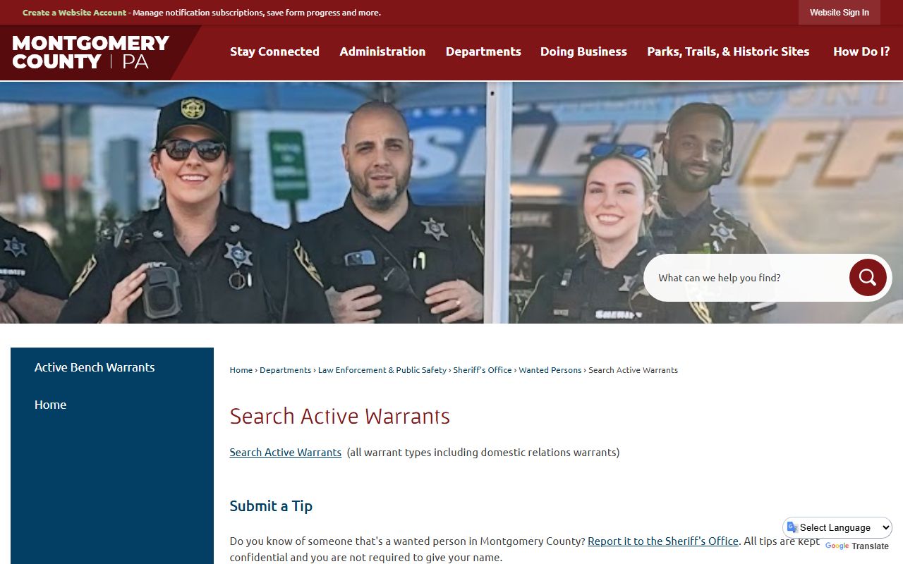 Montgomery County Sheriff's Office active warrant search page