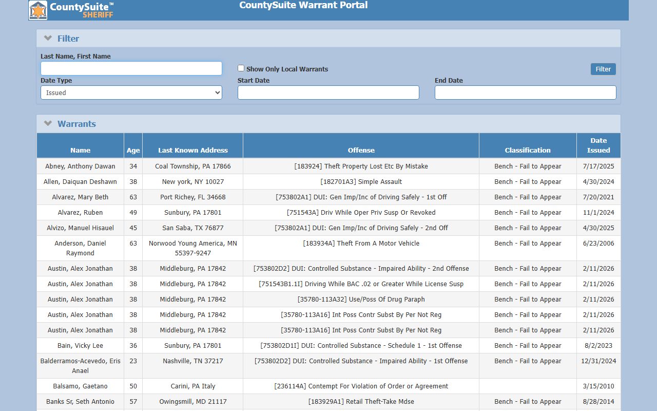 Snyder County Sheriff warrant portal showing active warrant records
