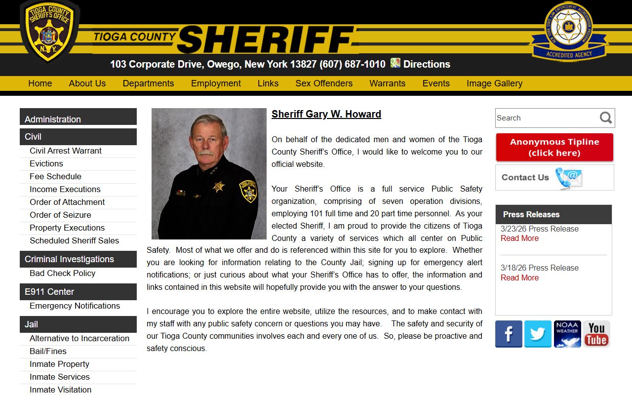 Tioga County Sheriff's Office website for warrant records in Wellsboro